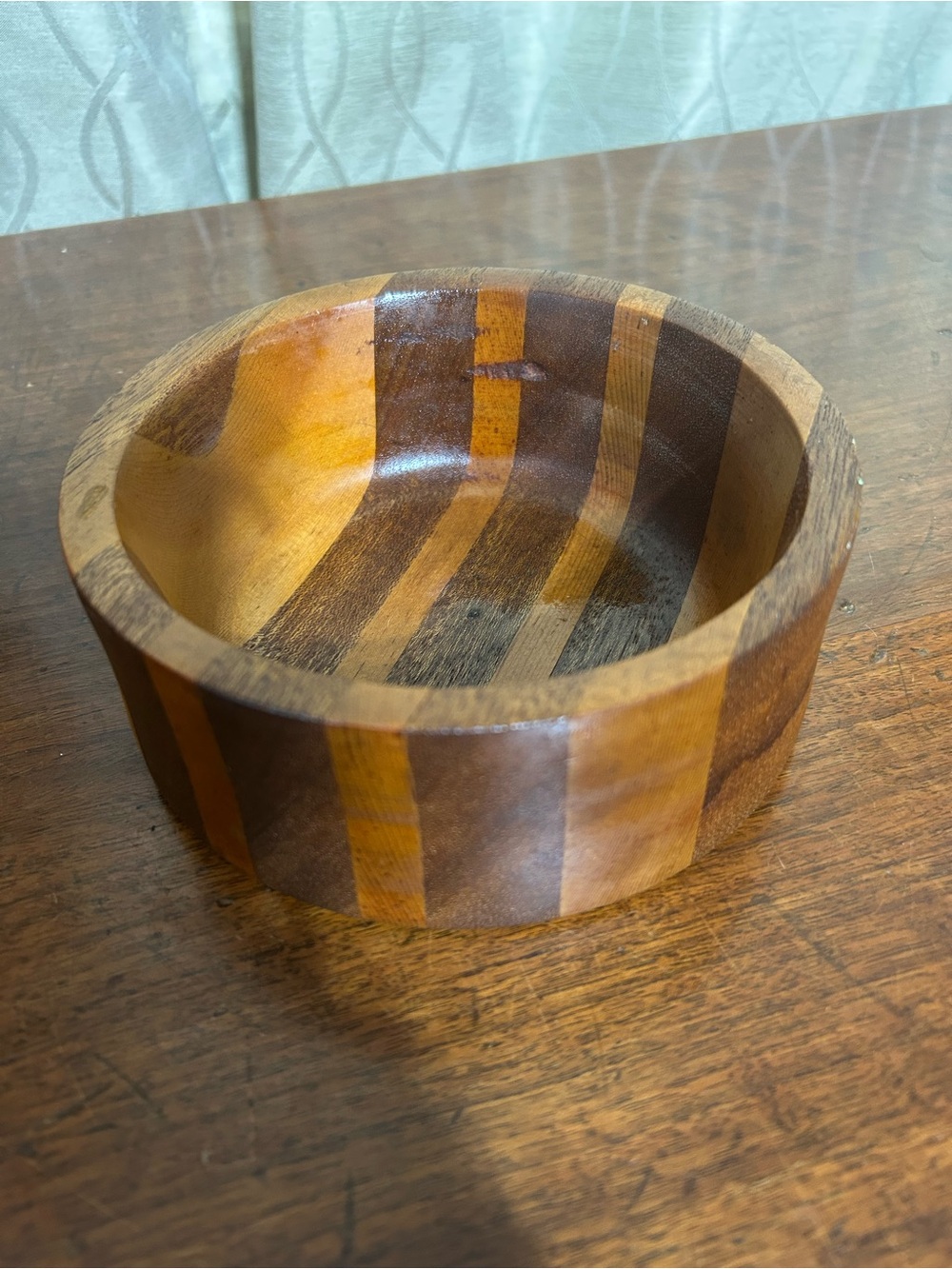 Hand Crafted Striped Wood Serving Bowl Trinket Dish in Brown and Tan